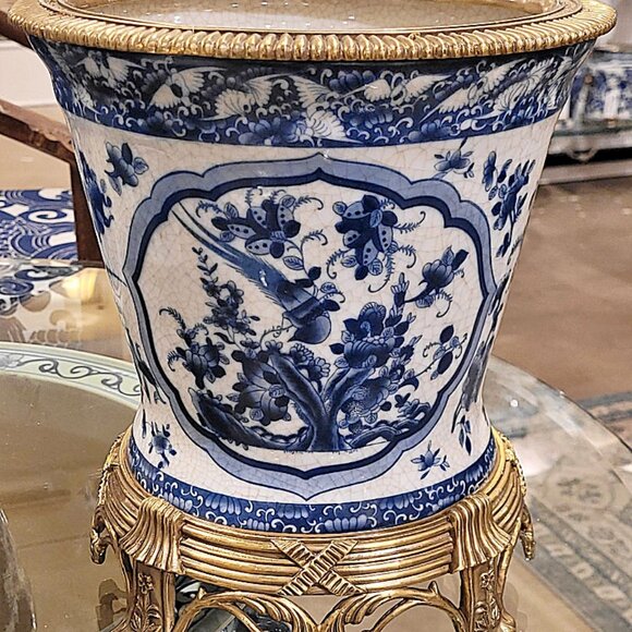 Blue, White Chinoiserie Porcelain Planter. Hand Painted. Bronze Accents (10"H) - Picture 3 of 9